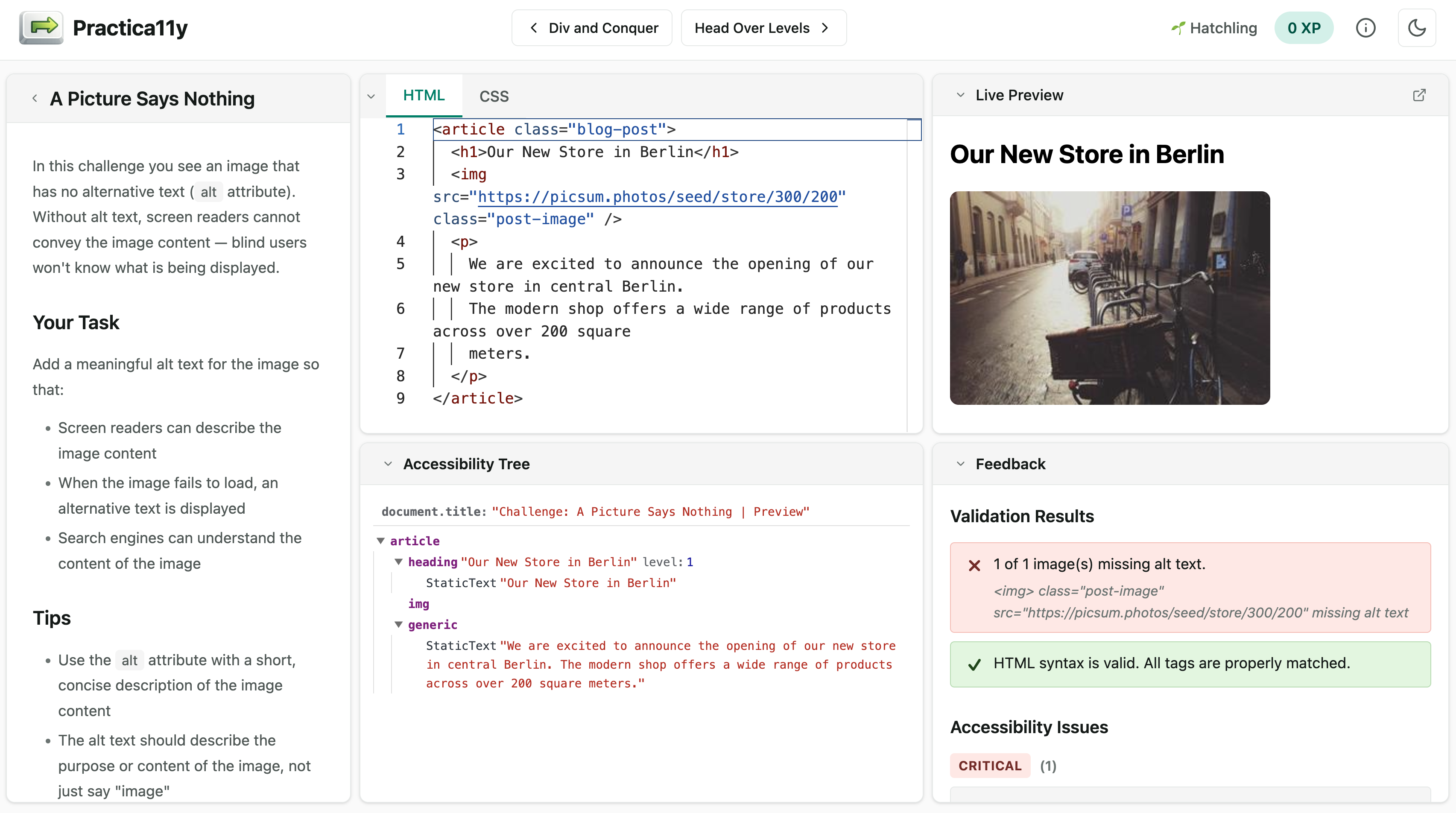 Screenshot of the Practica11y challenge interface