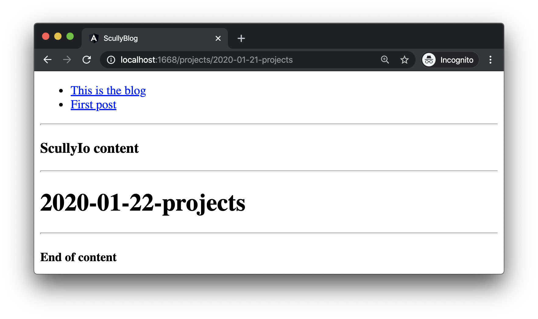 the initial projects post generated with the Markdown schematic